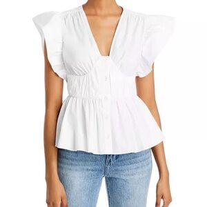10 Crosby Derek Lam White Ruffle-Sleeve Peplum Button Top